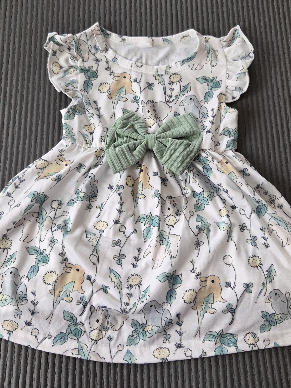 Girls 9-12m Bunny Floral Fit And Flare Dress With Green Bow Flutter Sleeves